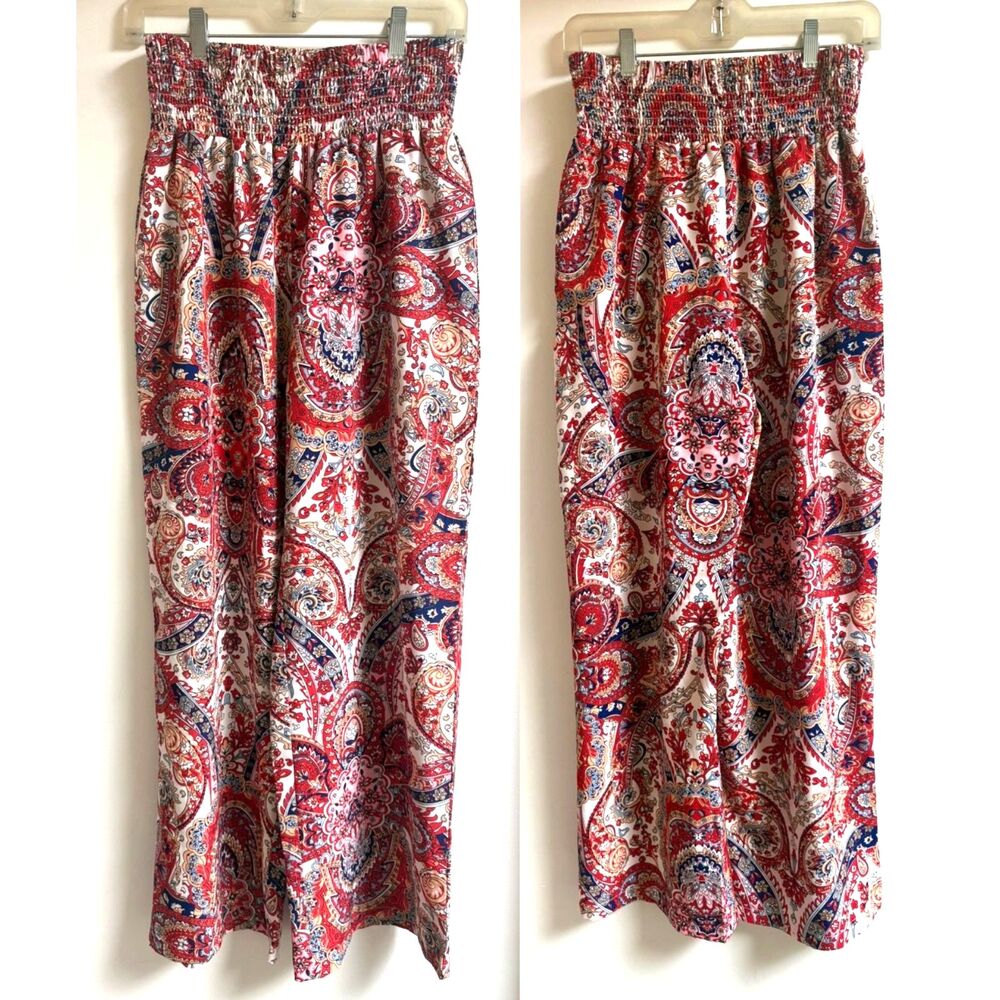 Boutique Paisley Smocked Palazzo Pants S Red Wide Leg Boho Festival High Waisted - Picture 3 of 6
